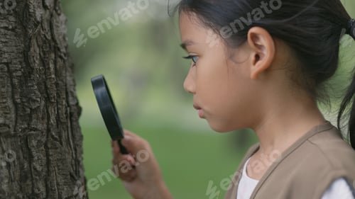 Preview: A young girl is holding a magnifying glass and looking at a tree trunk