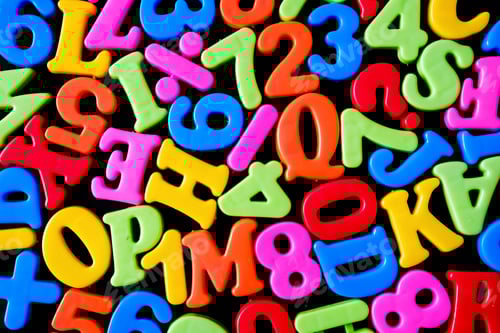 Preview: Background with letters and symbols as a school education concept. Cheerful bright letters.