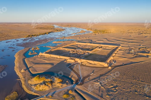 Preview: aerial view of the ruins of black water ancient city in sunset