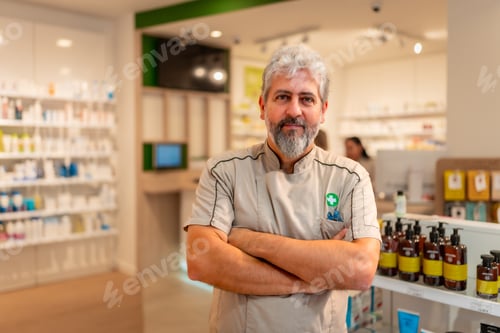 Preview: Proud pharmacist standing with arms crossed in the store