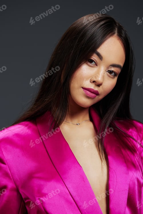 Preview: Brunette bright makeup pink dress modern style isolated background