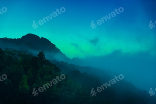 Preview: Japan mountain village fog mist background nature space for copy