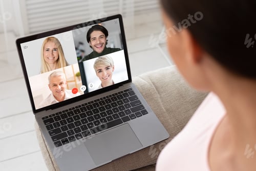 Preview: Woman Making Video Call With Colleagues Sitting On Sofa Indoor