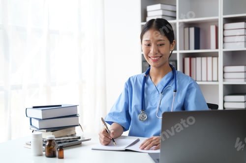 Preview: Portrait of young smart female doctor working in her office room and smiling to the cemara.