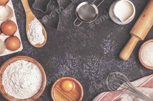Preview: Ingredients for baking - flour, wooden spoon, rolling pin, eggs