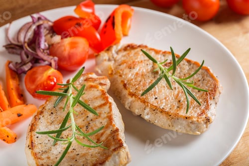 Preview: Fried pieces of pork chop with roasted vegetables