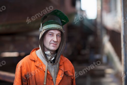 Preview: Portrait of welder wearing welding mask in shipyard workshop