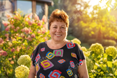 Preview: Outdoor portrait of adult senior woman in blooming summer garden at sunset.
