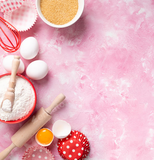 Preview: Baking background. Food ingredients for baking flour, eggs, sugar on pink background flat lay