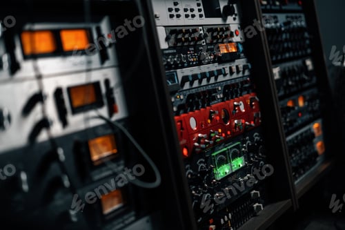 Preview: old displays of professional analog vu meters in a recording studio measuring and showing decibels