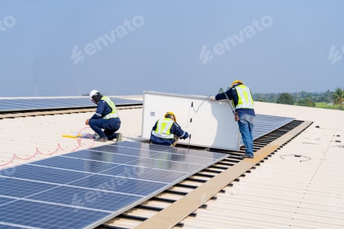Preview: workers installing solar panels, for efficient energy on rooftop