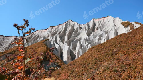Preview: Beautiful white rocks with erosion and vegetation. Clip. Volcanic white rocks with erosion and