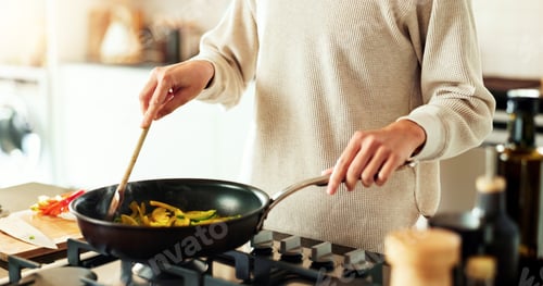 Preview: Hands, frying pan and recipe as chef in kitchen for diet or cooking in home with satisfaction. Pers