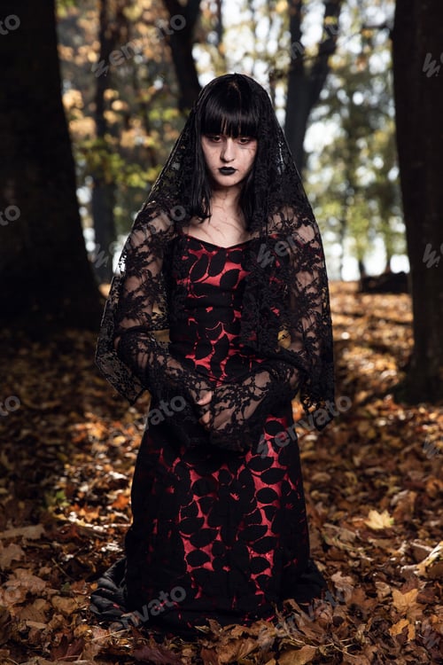 Vista previa: Vertical shot of a Caucasian pretty female in a gothic style black dress kneeling on autumn leaves