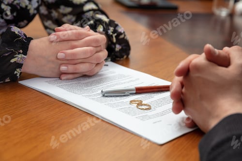 Preview: Divorce signature, marriage dissolution document. Wedding ring and agreement on lawyer office table