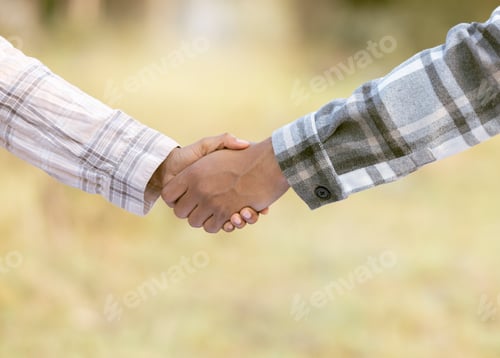 Preview: Handshake, thank you and shaking hands outdoor of agriculture b2b partnership with teamwork. Welcom