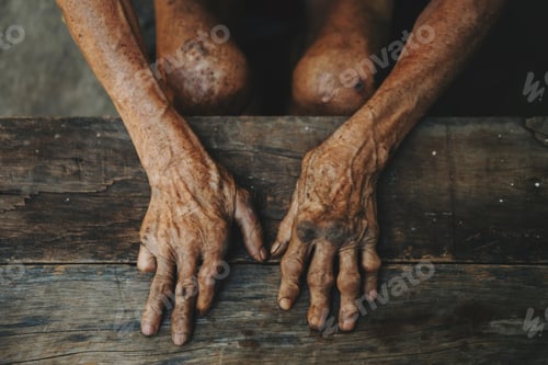 Preview: Close up of male wrinkled hands, old man is wearing skin disease and anxiety Copy space.
