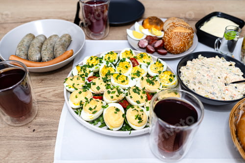 Preview: Traditional dishes from Poland for Easter breakfast, visible eggs with mayonnaise and stuffing.