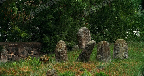 Preview: Old ancient Jewish cemetery in summer spring day. green grass and many ancient stones. Headstone