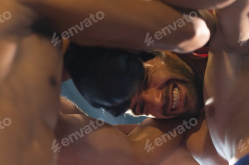 Preview: Gym atmosphere, Two professional fighters posing sport boxing ring. Fighting MMA, Thai Boxing match