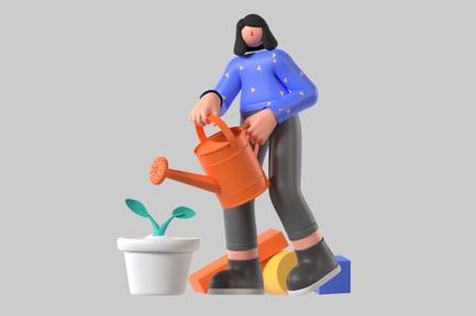 Visualização: Mulher de desenho animado regando vaso de plantas
