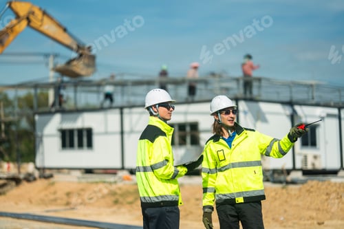 Preview: Two engineers reviewing plans on a laptop at a construction site