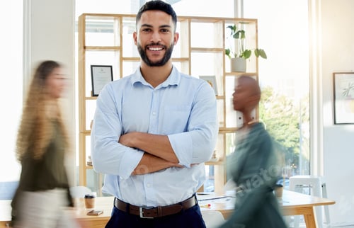 Preview: Portrait, business man and working in busy office building or corporate room or company with a smil