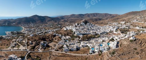 Preview: Ios island, Greece, Cyclades. Panoramic aerial drone view of Chora town