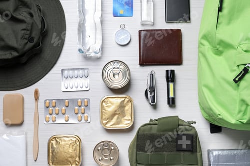 Preview: Survival kit. Different emergency supplies on white wooden table, flat lay