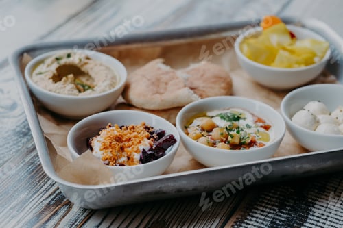 Preview: Food and nutrition concept. Traditional Israel dish for dinner. Tray of delicious hummus,