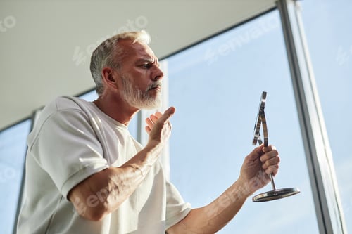 Preview: Senior Man Looking at White Beard in Mirror Examining Face while Attending to Grooming at Home