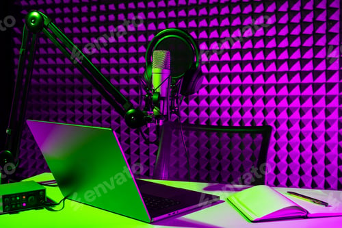 Preview: Home studio podcast interior. Microphone, table and chair