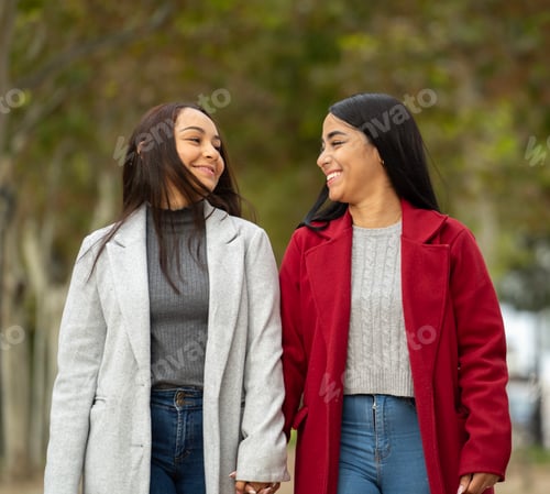 Preview: portrait of lesbian smiling couple walking in a park holding their hands and looking at each other