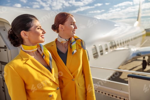 Preview: Joyful flight attendants standing near airplane door