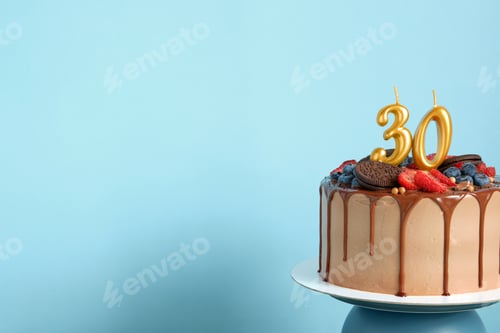 Vista previa: Chocolate birthday cake with berries, cookies and number thirty golden candles on blue