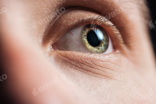 Preview: close up view of young man eye with eyelashes and eyebrow looking away