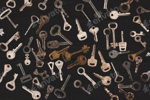 Preview: top view of different metal keys on black table