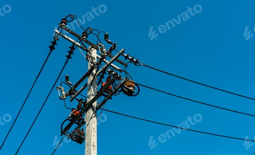 Preview: High voltage electric pole and transmission lines with clear blue sky. Electricity pylons. Power