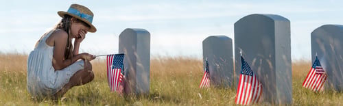 Preview: panoramic shot of kid in straw hat covering face while sitting near headstones with american flags