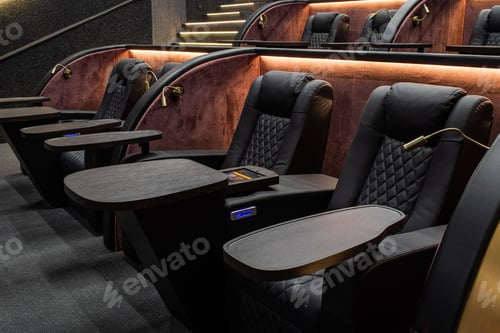 Preview: empty chairs and table in modern conference hall