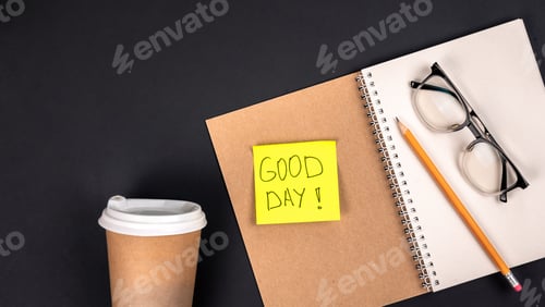 Preview: Open notepad, glasses, cup of coffe, pencil and paper sticker, top view.
