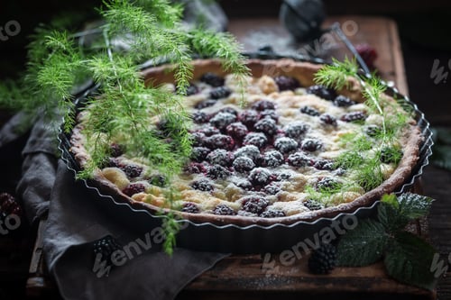 Preview: Homemade and rustic tart with blackberries made of fresh fruits