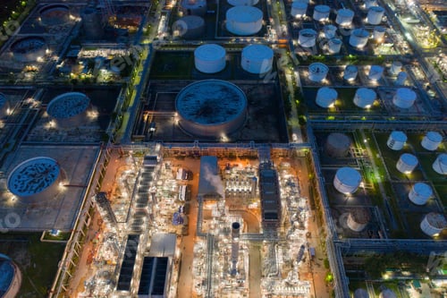 Preview: Petrochemical oil refinery in Bangkok City, Thailand. Oil and gas tanks in industry factory.