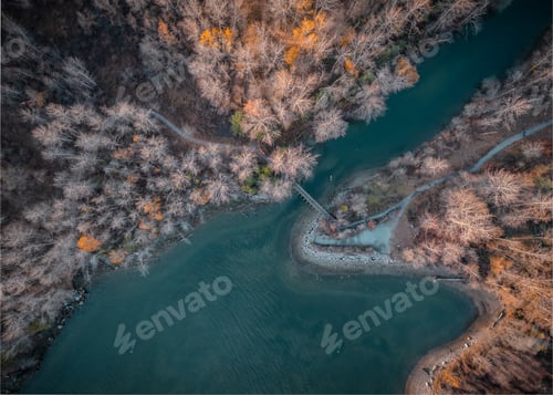 Preview: Aerial top down shot of the forest area in the winter season in North Vancouver coastline, Canada