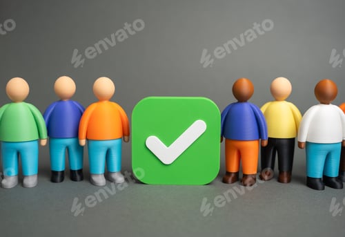 Preview: A group of people and a green checkmark. Voting in an election. Referendum.
