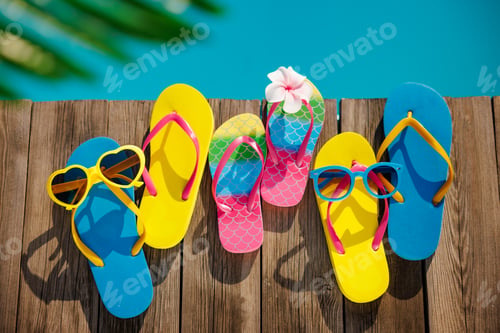 Preview: Beach flip-flops and sunglasses on wooden planks near swimming pool