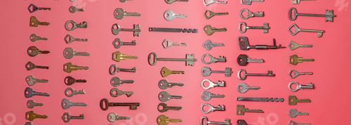 Preview: Keys set on pink background. Door lock keys and safes for proper