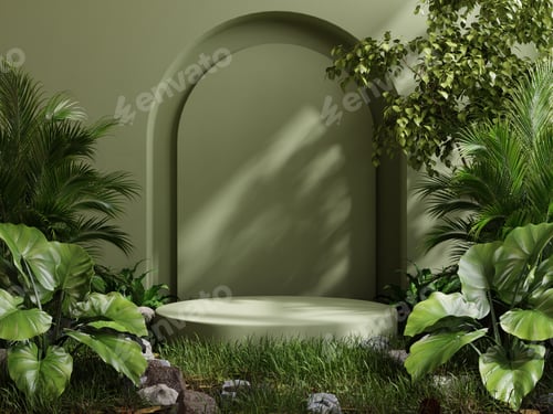 Preview: Green pedestal in tropical forest for product presentation and green wall