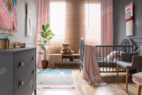Preview: Teddy bear on wooden cupboard next to ficus in child's bedroom i