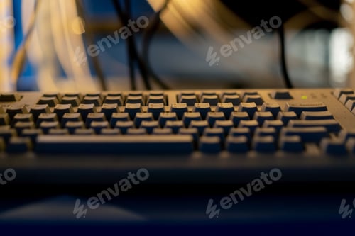 Preview: close-up keyboard in software system data center vulnerable cyber security server room technology